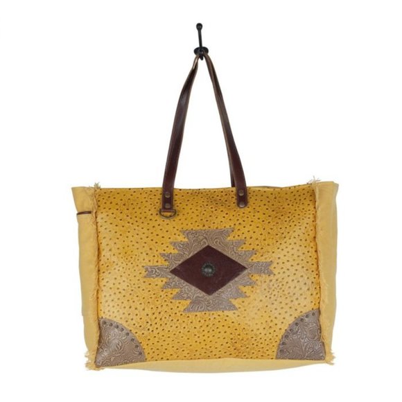 Myra Bag Handmade Suramya Weekender Tote Bag Upcycled Canvas & Cowhide L… - Picture 5 of 10